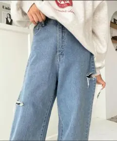 moment+ デニムダメージストレートパンツ ダメージパンツ 夏デニムのサムネイル