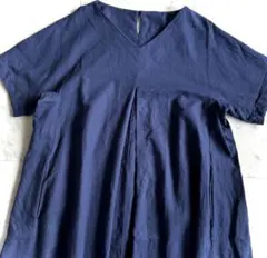 美品 アーバンリサーチドアーズ 麻 リネンコットンVネックフレアワンピース 紺