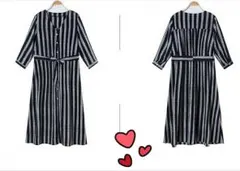 ロング丈ワンピース　Vネック　ストライプ柄　7分丈袖