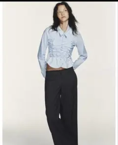 ZARA シャーリング 長袖シャツ ライトブルー Mサイズ