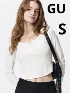【GU】コットンブレンドリブクロップドヘンリーT S
