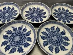 古伊万里　牡丹　染付皿　五枚　上がり良好！