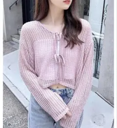 新品ingni フロントリボンメッシュカーディガン M ピンク