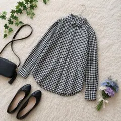 ユニクロ ꕤ フランネルチェックシャツ ギンガムチェック 黒 M コットン100
