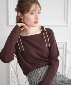 【着映え・フェミニン・高見え】配色リボン総針ニットトップス　クチュールブローチ