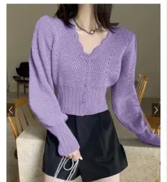 GRL レース編みスカラップクロップド丈ニットカーディガン　パープル　Mサイズ