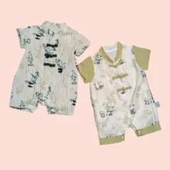 双子♡ベビーチャイナ服　中華　パンダ　カバーオール　半袖　ロンパース