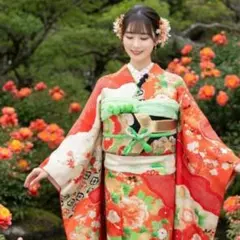 格安！　振袖フルセット　9点　成人式　結婚式　前撮り　オレンジ　黒　絞り　美品