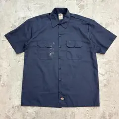 Dickies　ワークシャツ　半袖　L　ネイビー　無地　古着　胸ポケットのサムネイル