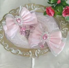 リボン ヘアクリップ 左右2個セット 量産型 地雷系 ピンク×白レース