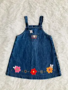 ミキハウスデニム ジャンバースカート 90cm 花柄刺繍 ウサギの装飾
