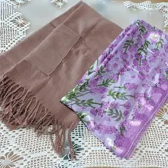 大判マフラーポケット付き・花柄ロング　ストール　部屋着 肩掛けに　2点セット