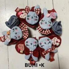 いちごパフェ☆様デニムリメイクチャーム★眠りウサちゃんREDチェック&立体ローズ