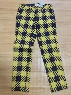 イエロー ネイビー チェック柄 ストレートパンツ