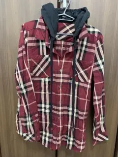 フード付き赤黒チェックシャツ サイズ1
