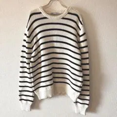 良品・訳あり ZARA ザラ L コットンニット 白 クルーネック ボーダー
