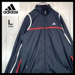 アディダス adidas 薄手 ナイロンジャケット 刺繍ロゴ 古着 L ネイビー