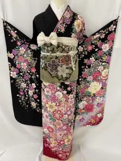 美品 正絹 振袖 袋帯 長襦袢 3点セット 黒地花柄 成人式 卒業式