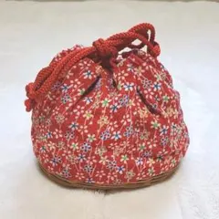 和装小物　カゴ付き　巾着袋　赤　小花柄