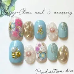 ☆B-94☆和柄ネイルチップ　水色のお着物ネイル　成人式前撮り振袖