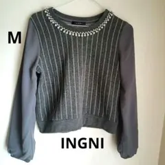 ほぼ未使用 春 秋服 イング トップス Ｍ グレー ビジュー パール ストライプ