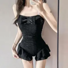 水着 ワンピース水着 黒 青 ハイセンス スリム セクシー 胸元リボン フリル