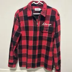 XLARGE チェックシャツ ジップアップ レッド ブラック ロゴ刺繍