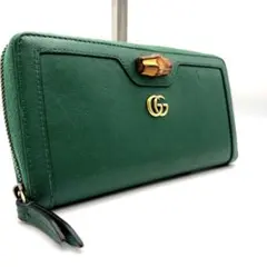 美品 付属付き 希少 グッチ 長財布 GG マーモント バンブー 緑