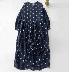 レトロ ブルー 水玉 丸首 長袖 エレガントワンピース 着心地いい ロング