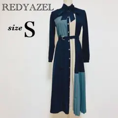 REDYAZEL カラーブロックプリーツデザインワンピース ロング ネイビー S