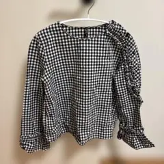 フリル付きブラックチェック長袖シャツ