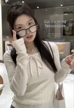 SHEIN かわいいリボン付きホワイトリブニットセーターL