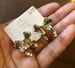 【No.974】可愛いアンティーク調ゴールドリボン一粒イヤリング新品上品シンプル