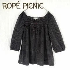 ロペピクニック シアートップス ドット柄 スクエア襟 七分袖 フリル シャツ