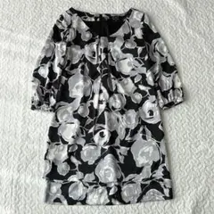 クードシャンス 花柄ワンピース チュニック 黒 グレー 38 M 上品 総柄