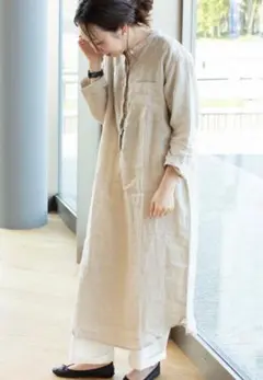 無印良品 クルタ Lサイズ オーガニックリネン ベージュ 長袖シャツワンピース