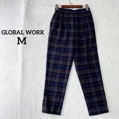 【グローバルワーク】チェックパンツ M テーパード ウール混 ネイビー　秋冬