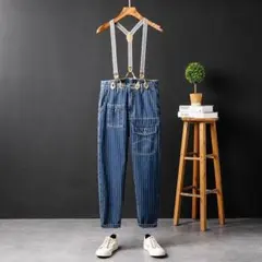 ヴィンテージ ストライプ デニムオーバーオール 取り外し可能サスペンダー付きL