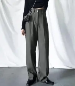 me+em select 太ベルトハイウエストウールライクカラータックスラックス