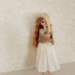 リカちゃん 着せ替え服 ベージュ帽子＆レース編みニット2点セット