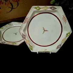 唐津焼　有田焼　ヴィンテージ　六足　六角赤絵菱文　銘々皿　2枚