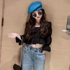 p*u様 【新品未使用】スクエアネック パフスリーブシャツ 160 ブラック 女