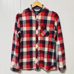 Mitsamine 丸襟　メンズ　ネルシャツ　レッド　チェック柄　長袖