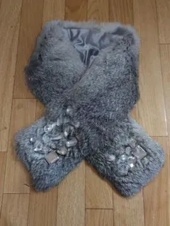 ビジュー付き リアルファー マフラー ティペット グレー 華やか