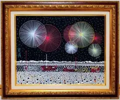 F6号】山下清（諏訪湖の花火）手描き/表裏サイン有り/絵画/裏シール