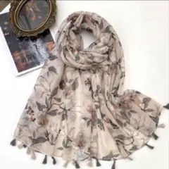花柄 ストール フリンジ付き ベージュ