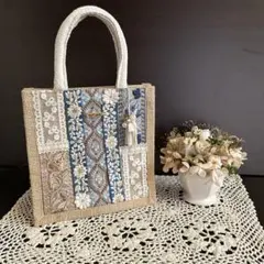 ハンドメイド　インド刺繍リボン　ジュートバック　ラッピング無料のサムネイル