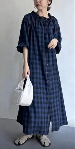 CAPRICIEUX LE’MAGE チェックワンピース ロング ネイビー