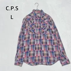 C.P.S パッチワーク風チェック ウエスタン長袖シャツ L パープルi6254