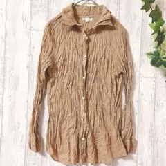 SHIPS シップス ドット柄 シワ加工 コットンシャツ ブラウン M 長袖のサムネイル